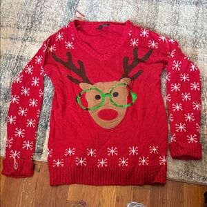 Red Reindeer Sweater with Green Accents